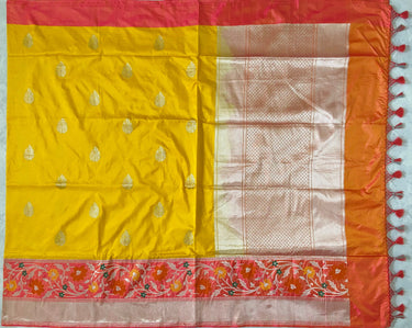 Banarasi Katan pure silk saree | Alfi Sona-Rupa kadwa weave with Kadiyal border | Yellow and Peach | Handwoven | Ships from California